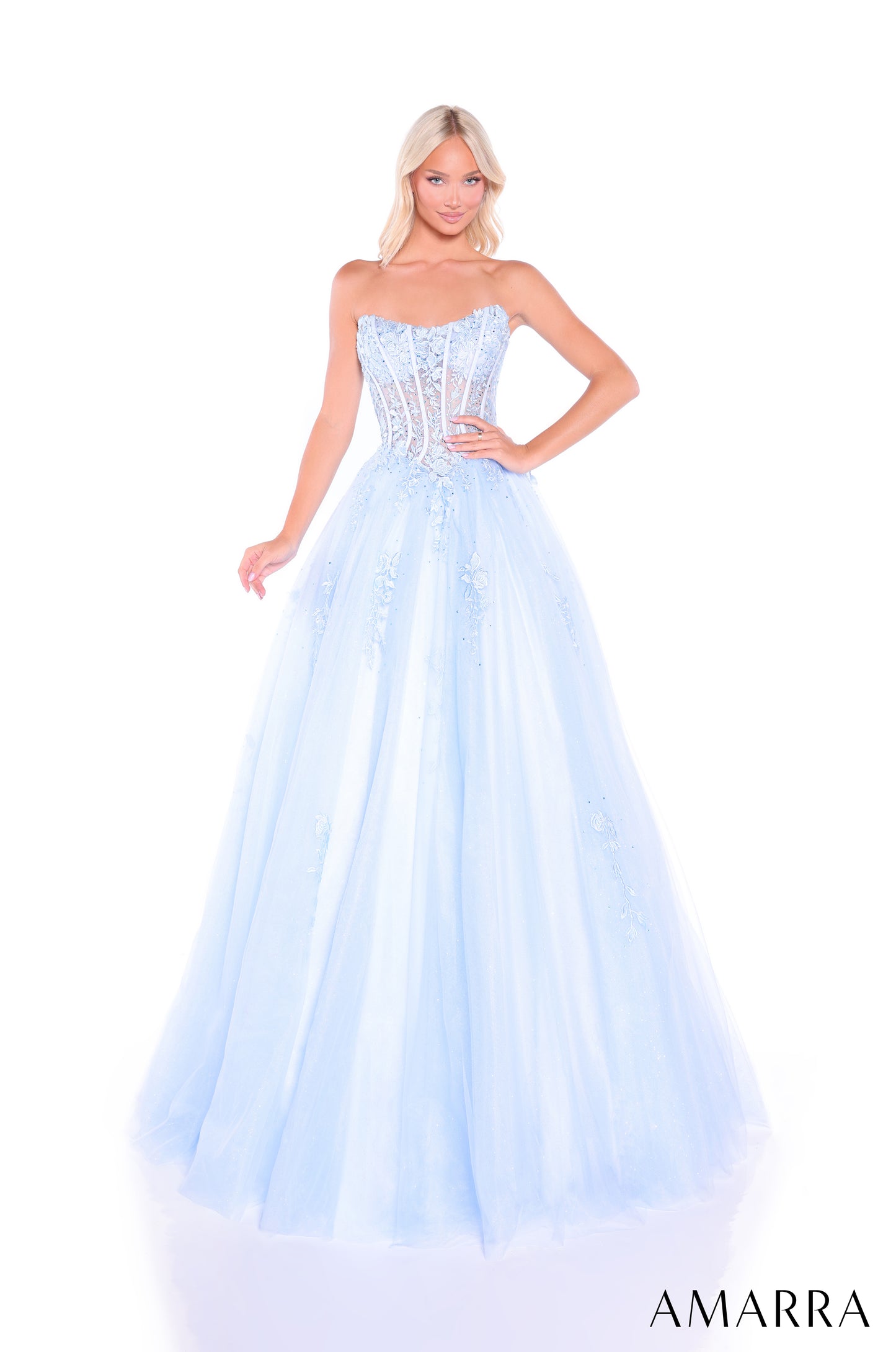 Elevate your prom night with the stunning Amarra 88913, a sheer ballgown that combines timeless elegance with modern sophistication. This formal dress features an intricate lace corset bodice that provides flattering support and a dramatic silhouette. The voluminous skirt creates a breathtaking ballgown effect perfect for making a grand entrance. Practical pockets add functionality to this show-stopping design, so you can keep essentials close while dancing the night away. Ideal for prom, formal events, and