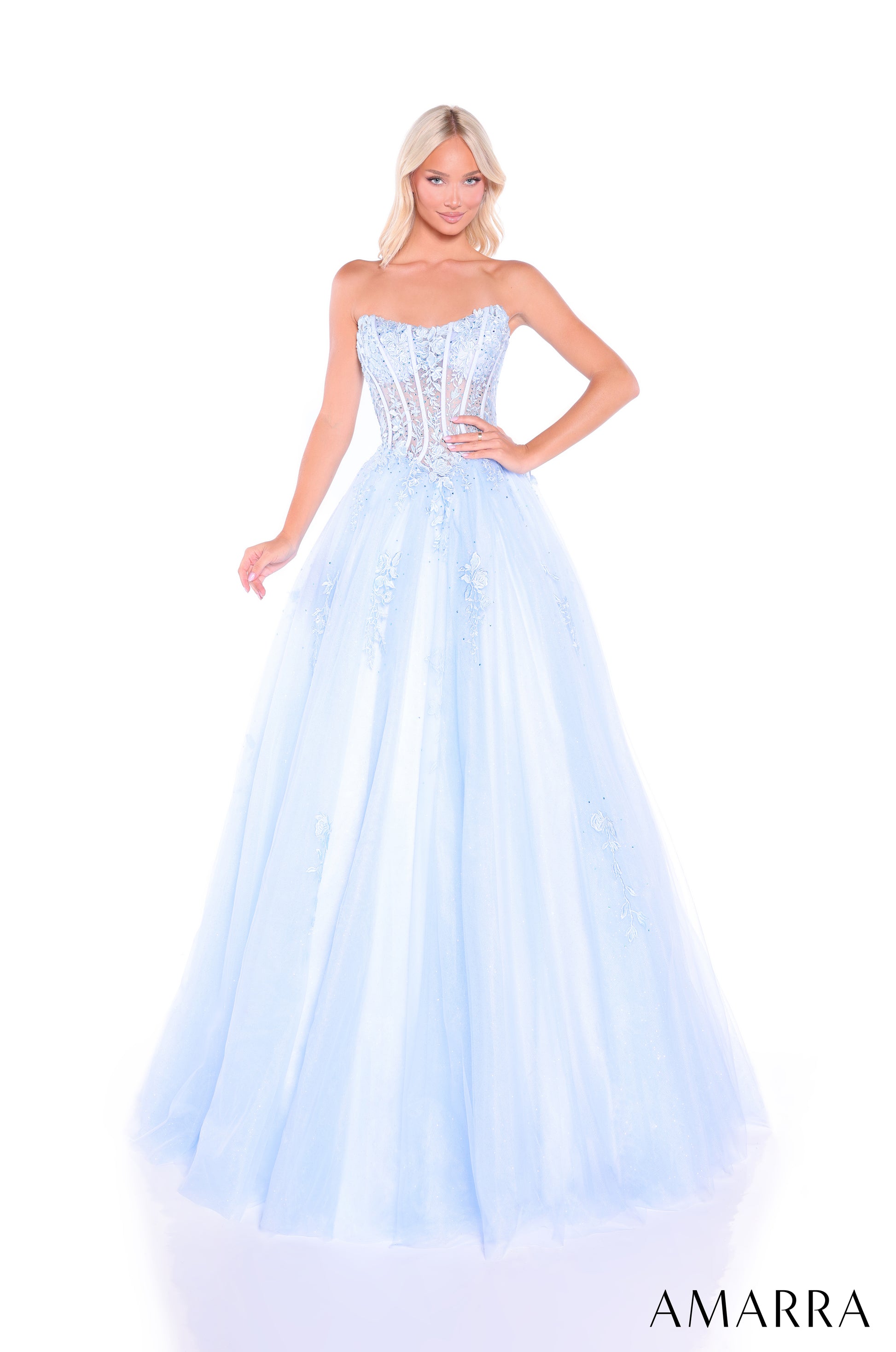 Elevate your prom night with the stunning Amarra 88913, a sheer ballgown that combines timeless elegance with modern sophistication. This formal dress features an intricate lace corset bodice that provides flattering support and a dramatic silhouette. The voluminous skirt creates a breathtaking ballgown effect perfect for making a grand entrance. Practical pockets add functionality to this show-stopping design, so you can keep essentials close while dancing the night away. Ideal for prom, formal events, and