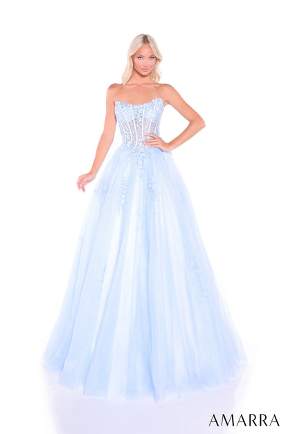 Elevate your prom night with the stunning Amarra 88913, a sheer ballgown that combines timeless elegance with modern sophistication. This formal dress features an intricate lace corset bodice that provides flattering support and a dramatic silhouette. The voluminous skirt creates a breathtaking ballgown effect perfect for making a grand entrance. Practical pockets add functionality to this show-stopping design, so you can keep essentials close while dancing the night away. Ideal for prom, formal events, and
