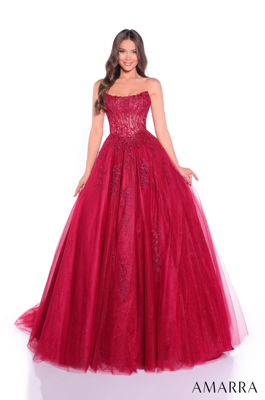 Elevate your prom night with the stunning Amarra 88913, a sheer ballgown that combines timeless elegance with modern sophistication. This formal dress features an intricate lace corset bodice that provides flattering support and a dramatic silhouette. The voluminous skirt creates a breathtaking ballgown effect perfect for making a grand entrance. Practical pockets add functionality to this show-stopping design, so you can keep essentials close while dancing the night away. Ideal for prom, formal events, and
