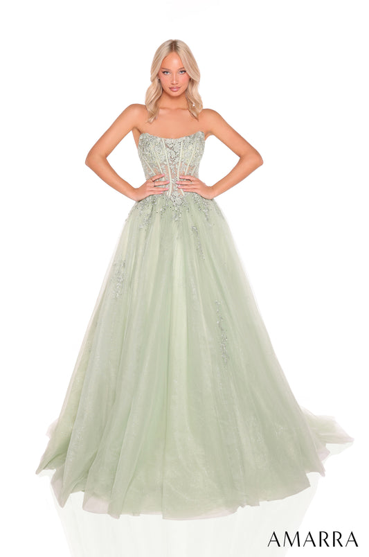 Elevate your prom night with the stunning Amarra 88913, a sheer ballgown that combines timeless elegance with modern sophistication. This formal dress features an intricate lace corset bodice that provides flattering support and a dramatic silhouette. The voluminous skirt creates a breathtaking ballgown effect perfect for making a grand entrance. Practical pockets add functionality to this show-stopping design, so you can keep essentials close while dancing the night away. Ideal for prom, formal events, and