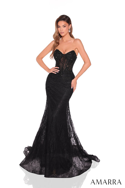The Amarra 88923 gown combines timeless elegance with modern design. Featuring intricate sequin lace, this long mermaid-style dress contours the body for a flattering silhouette. The sheer corset bodice offers refined support and adds a sophisticated, alluring touch. Perfectly suited for formal evenings and prom, it delivers both luxury and comfort, ensuring a memorable and confident appearance. Regal and refined, AMARRA 88923 is a lace mermaid gown with a structured corset bodice, intricate beading, and a 