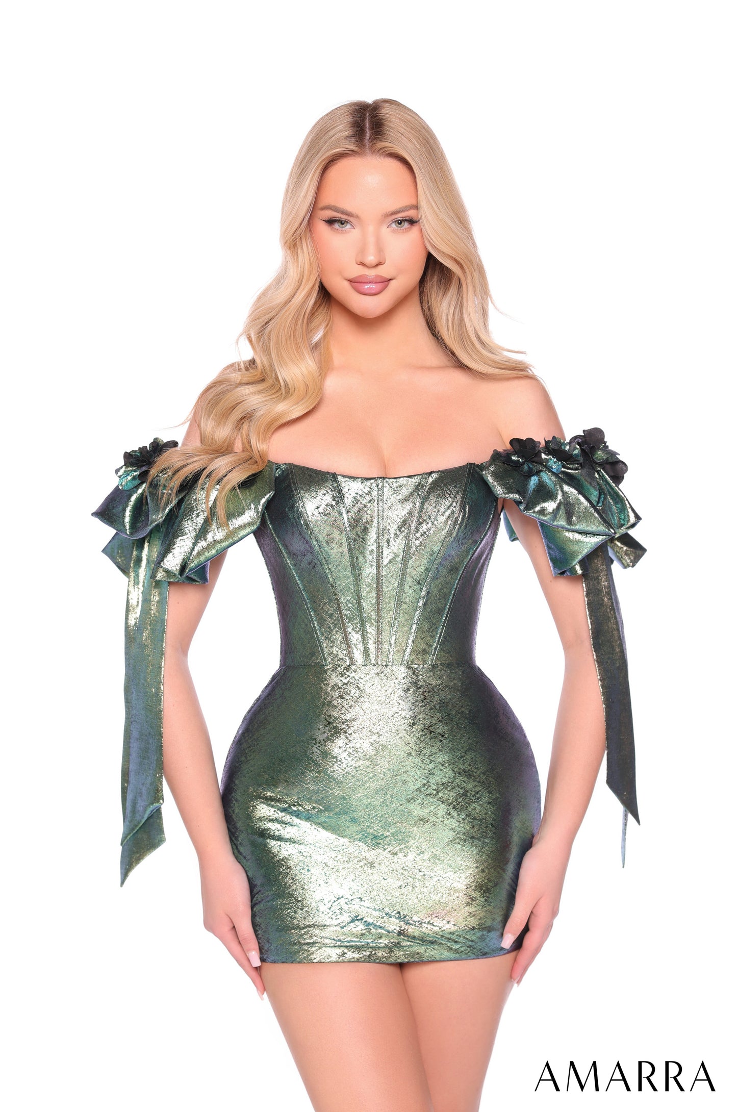 The Amarra 88953 Short Metallic Homecoming Dress showcases an off-the-shoulder neckline with elegant bow detailing, offering a stylish and sophisticated look. Its fitted corset back enhances your silhouette for a flattering fit, while the metallic fabric adds a modern shimmer perfect for formal events. Ideal for homecoming or cocktail occasions, this gown combines classic design with contemporary accents to ensure you stand out confidently. This off-the-shoulder mini dress features a shimmering metallic fab