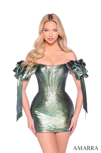 The Amarra 88953 Short Metallic Homecoming Dress showcases an off-the-shoulder neckline with elegant bow detailing, offering a stylish and sophisticated look. Its fitted corset back enhances your silhouette for a flattering fit, while the metallic fabric adds a modern shimmer perfect for formal events. Ideal for homecoming or cocktail occasions, this gown combines classic design with contemporary accents to ensure you stand out confidently. This off-the-shoulder mini dress features a shimmering metallic fab