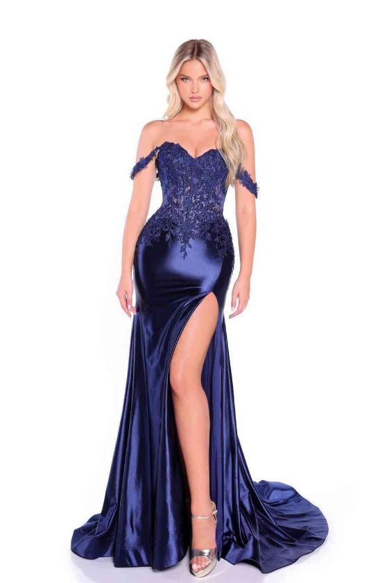 The Amarra 88978 prom dress features a sheer lace corset design that elegantly contours the silhouette. Its off-the-shoulder neckline adds a sophisticated touch, while the thigh-high slit offers a modern, daring detail. This floor-length gown includes a graceful train, perfect for evening occasions, combining classic formal elements with contemporary style for a stunning red carpet-ready look. Romantic and bold, this off-the-shoulder gown features lace appliqué and a daring slit. The satin skirt flows grace