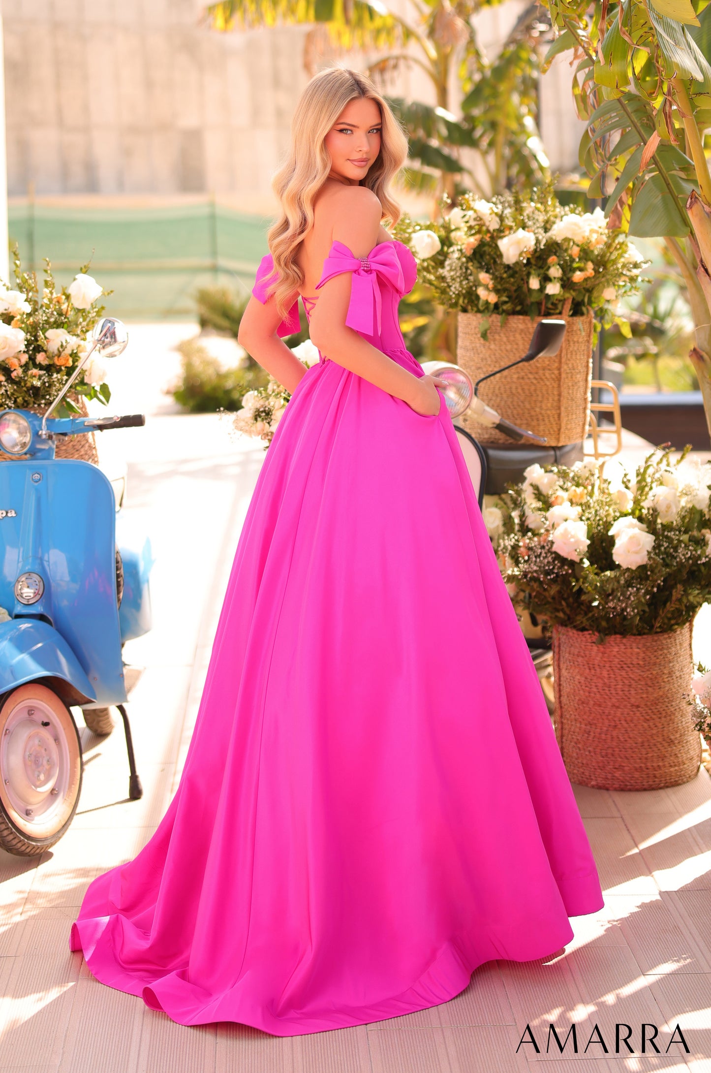 The Amarra 88995 Long A-Line Prom Dress features an elegant off-the-shoulder design accented with delicate bows that enhance its femininity. Its fitted corset bodice flawlessly sculpts the waist, while the plunging neckline adds a daring touch of sophistication. The flowing A-line skirt provides graceful movement and a flattering silhouette, making this gown ideal for formal occasions where both comfort and style are essential. Crafted to balance classic charm with modern elegance, this dress is a refined c