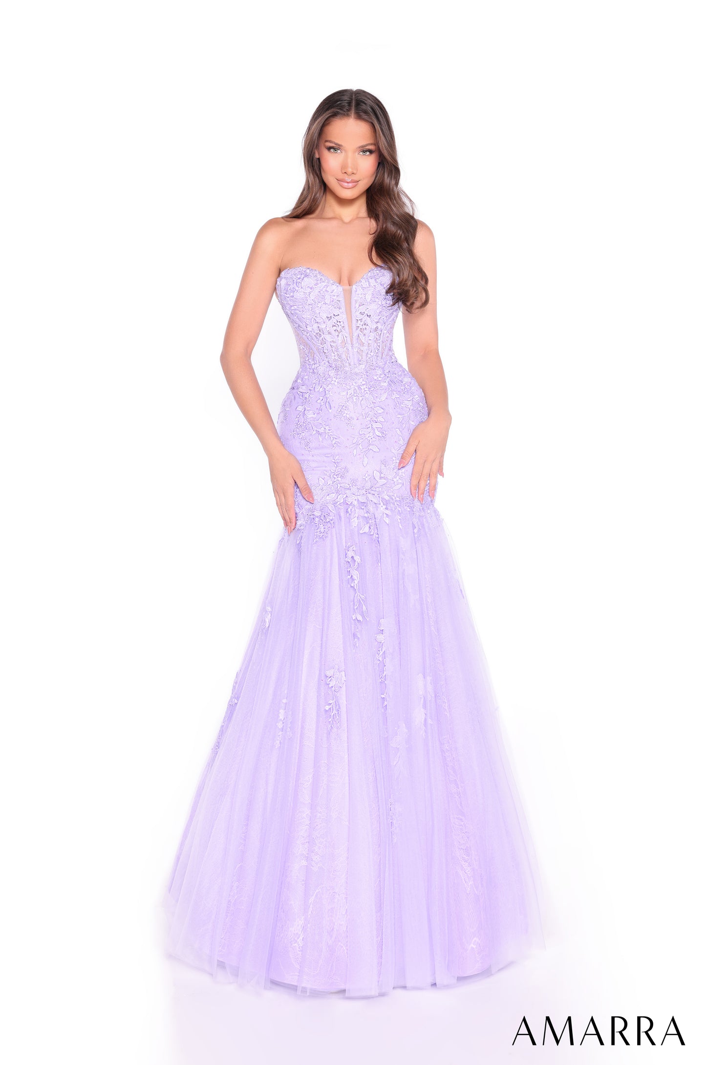 Make a stunning entrance in the Amarra 89319 Lace Corset Mermaid Prom Dress. This elegant strapless gown features intricate lace detailing on a structured corset bodice that flatters your silhouette. The dramatic mermaid skirt flows gracefully into a sweeping train, perfect for prom, pageants, and formal events. The sophisticated design combines timeless elegance with modern glamour, ensuring you'll feel confident and radiant all night long.

Sizes: 000-16

Colors: Fuchsia, Lilac, Yellow