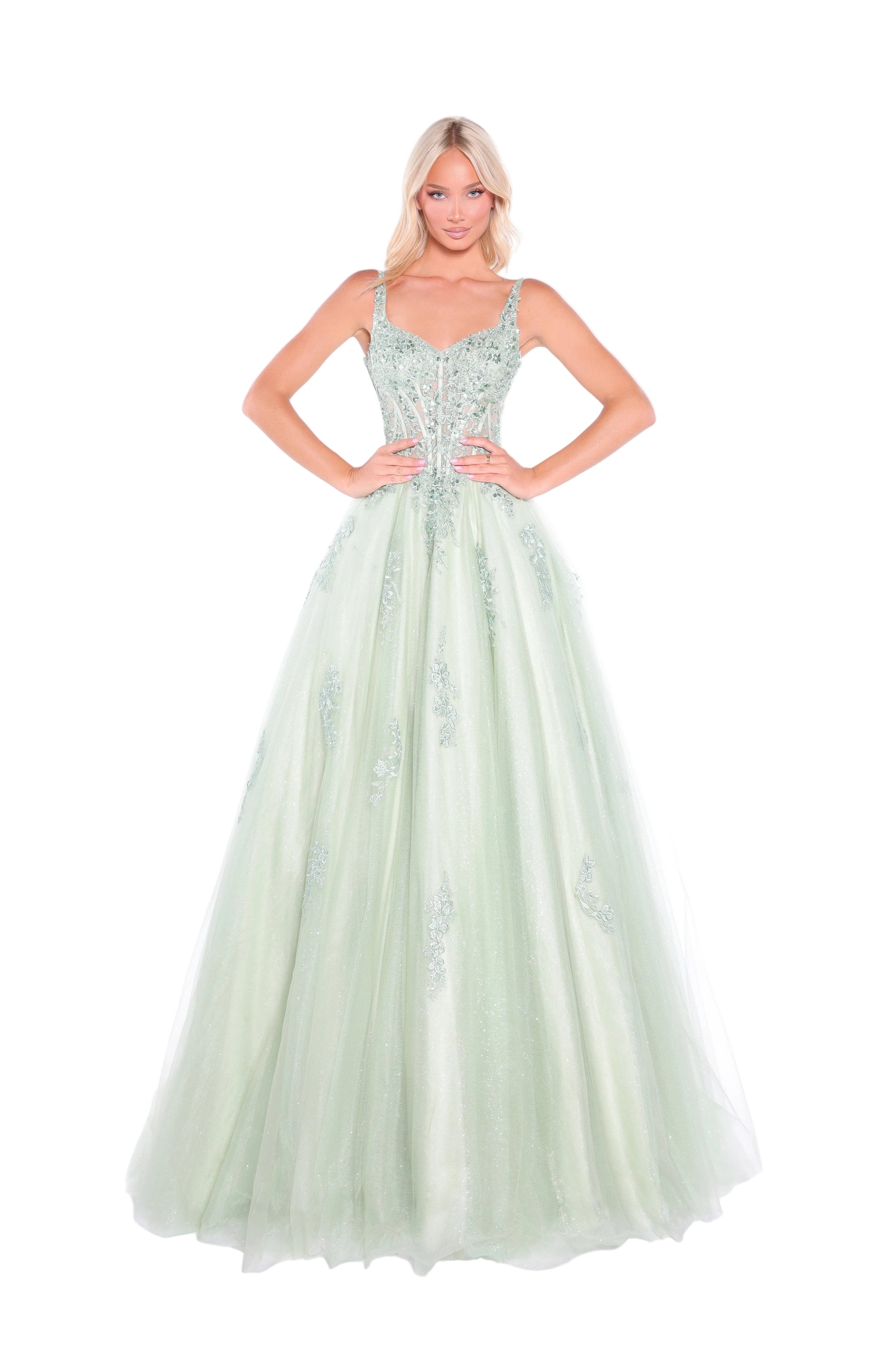Elevate your formal event presence with the Amarra 89429, a stunning ballgown that seamlessly blends sophistication with dramatic elegance. This A-line silhouette features an intricately embellished sheer lace corset bodice that creates a refined, structured look while the voluminous tulle skirt provides the timeless grandeur expected of a show-stopping prom dress. The delicate lace detailing catches light beautifully, ensuring you command attention throughout the evening. Perfect for prom, pageants, or any