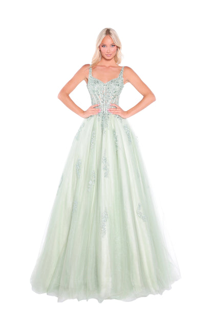 Elevate your formal event presence with the Amarra 89429, a stunning ballgown that seamlessly blends sophistication with dramatic elegance. This A-line silhouette features an intricately embellished sheer lace corset bodice that creates a refined, structured look while the voluminous tulle skirt provides the timeless grandeur expected of a show-stopping prom dress. The delicate lace detailing catches light beautifully, ensuring you command attention throughout the evening. Perfect for prom, pageants, or any