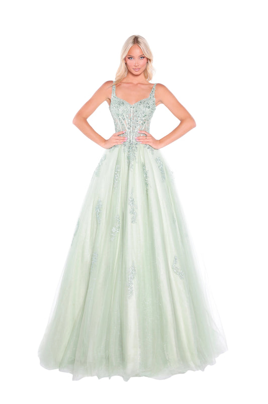 Elevate your formal event presence with the Amarra 89429, a stunning ballgown that seamlessly blends sophistication with dramatic elegance. This A-line silhouette features an intricately embellished sheer lace corset bodice that creates a refined, structured look while the voluminous tulle skirt provides the timeless grandeur expected of a show-stopping prom dress. The delicate lace detailing catches light beautifully, ensuring you command attention throughout the evening. Perfect for prom, pageants, or any