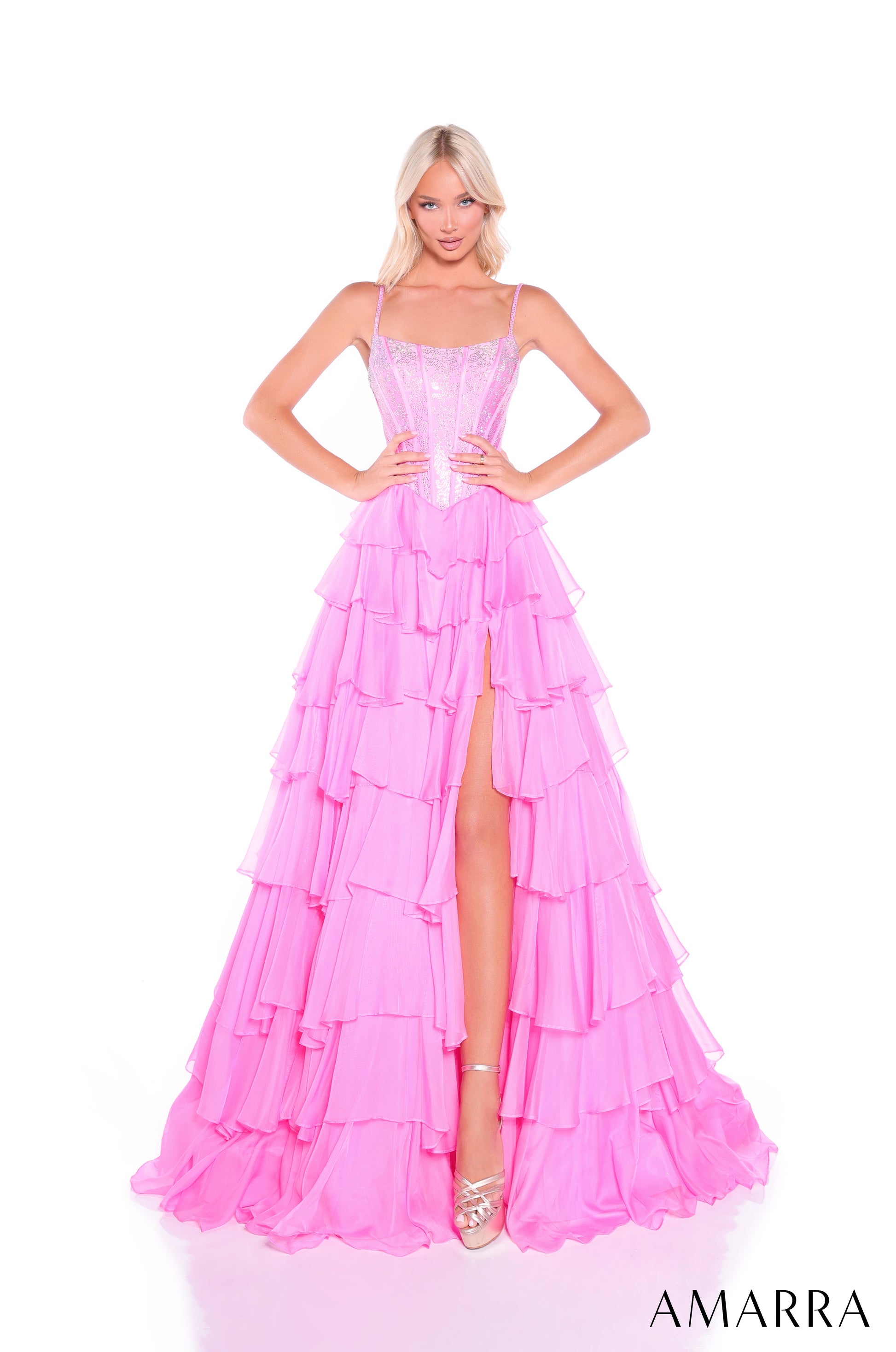 Amarra 89459 Size 4 PINK Ruffle A Line Corset Prom Dress Layer Slit – Glass Slipper Formals