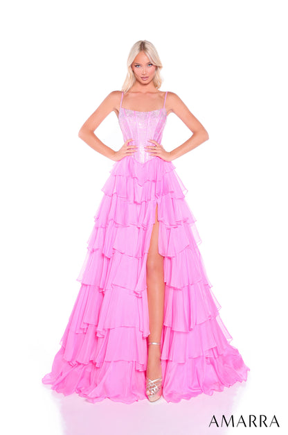 Make a stunning entrance in this Amarra 89459 prom dress, featuring an elegantly structured lace-up corset bodice with a flattering scoop neckline. The voluminous A-line silhouette showcases dramatic layered ruffles throughout the skirt, while a daring slit adds movement and sophistication. This formal gown combines classic corsetry with contemporary design, creating a show-stopping look perfect for prom night or any formal occasion.

Sizes: 000-22

Colors: Black,&nbsp;Bright Pink,&nbsp;Navy,&nbsp;Royal Blu