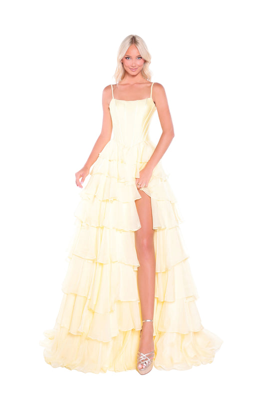 Make a stunning entrance in this Amarra 89461 prom gown, featuring an elegant basque waistline and structured lace-up corset bodice that flatters your silhouette. The dramatic A-line skirt showcases cascading ruffled layers that create movement and dimension as you walk. A thigh-high slit adds modern sophistication and ease of movement for dancing the night away. This show-stopping design combines classic formal elegance with contemporary details, perfect for prom, pageants, or any black-tie event where you