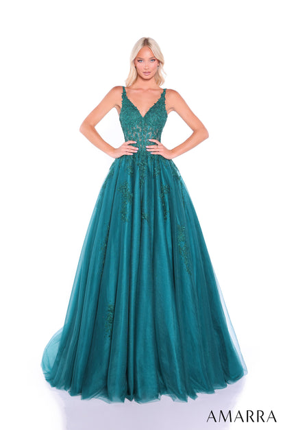 Amarra's 89523 presents an elegant ballgown silhouette designed for the discerning prom attendee. The sheer lace corset bodice creates a sophisticated foundation, while the voluminous A-line tulle skirt delivers the dramatic presence expected of formal wear. The V-neckline offers a flattering frame that balances the gown's generous volume. This dress combines structured bodice support with flowing skirt movement, making it suitable for extended wear throughout the evening. The intricate lace detailing adds 