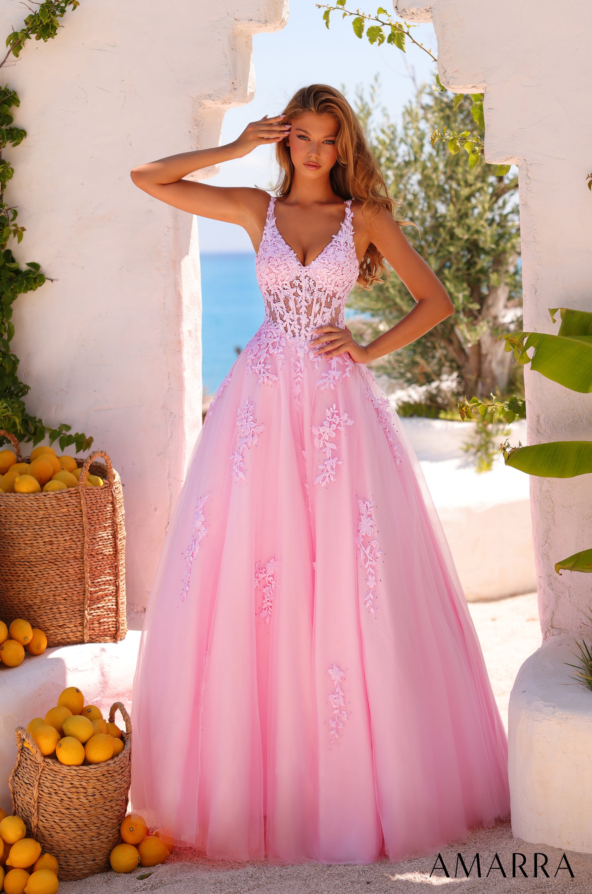 Amarra 89523 | Floral Embroidered Corset Ball Full Prom Gown Navy / 4