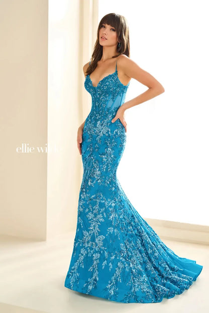 Ellie Wilde EW36003 Sheer Corset Sequin Mermaid Backless Prom Dress Pageant Evening Gown