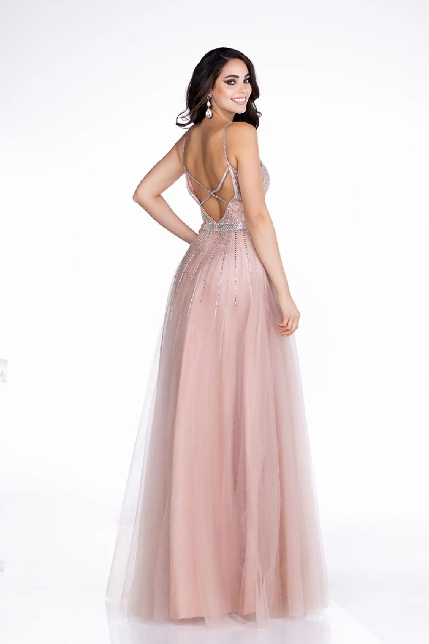 Abby Paris 90083 Size 0 Blush Long A Line Shimmer v neck Backless Prom Dress Embellished Formal Gown