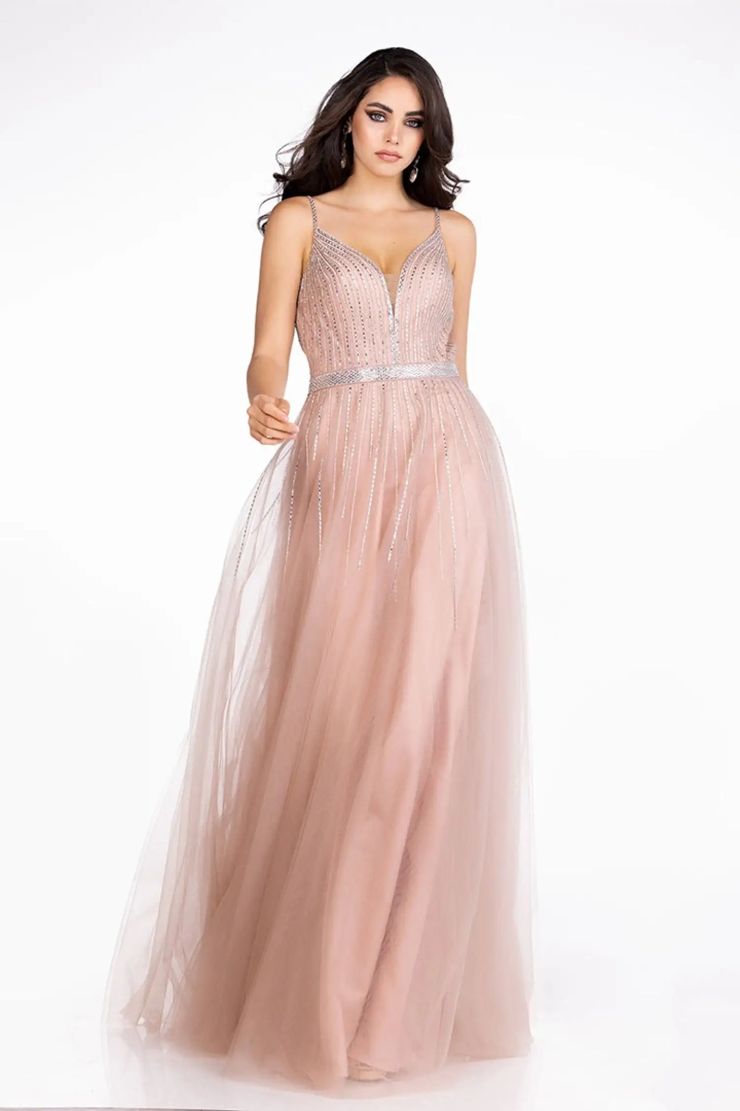 Abby Paris 90083 Size 0 Blush Long A Line Shimmer v neck Backless Prom Dress Embellished Formal Gown