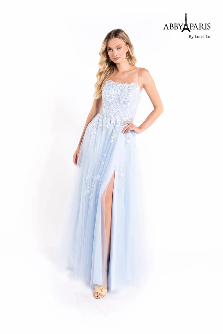 Make a statement in the Abby Paris 90157 A-Line Lace Up Back Floral Tulle Slit Long Prom Dress. Featuring tulle fabric and a dramatic slit, this floral dress is an ideal option for formal events. The lace up back adds a unique touch that stands out from the crowd.