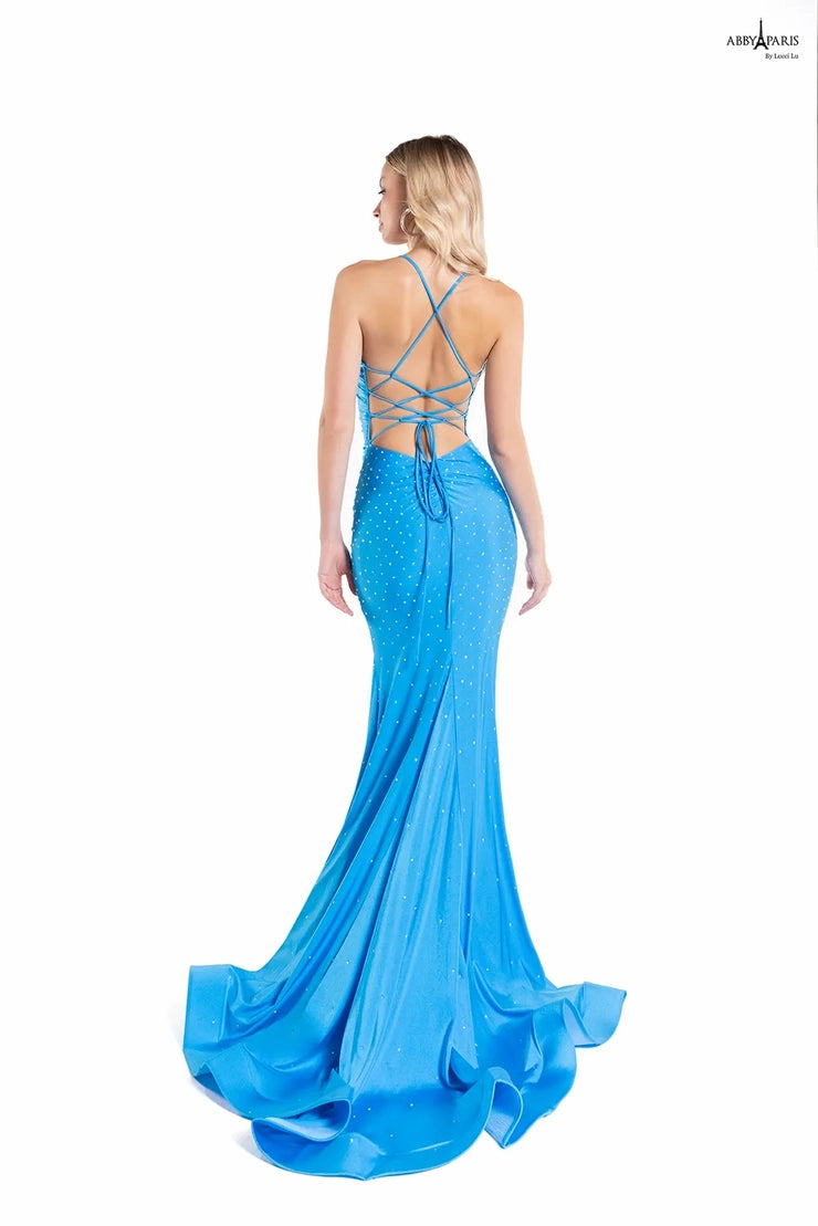 Look elegant and sophisticated in the Abby Paris 90158 dress. Crafted in figure-hugging fit and flare silhouette, this stunning dress features a scoop neckline and a lace-up corset back with a train for an added touch of glamor. Perfect for prom or a formal occasion.