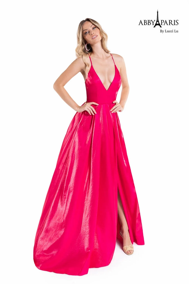 Abby Paris 90167 A-Line Pockets V-Neck Slit Lace Up Back Shimmer Satin Long Prom dress. Show off your sophisticated style in this Abby Paris 90167 prom dress. The A-line silhouette flatters your curves while the V-neck neckline, lace-up back closure, and slit add an elegant touch. The shimmer satin fabric ensures you sparkle in this long, stunning look. Pockets provide convenience and practicality.