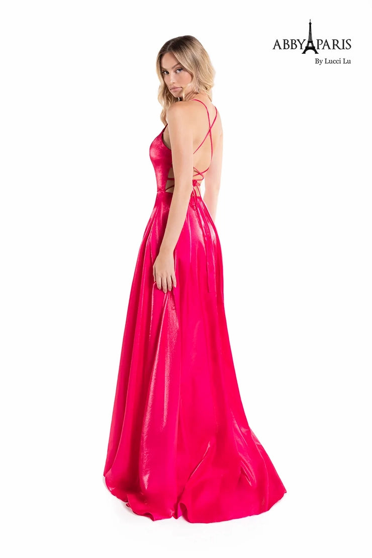 Abby Paris 90167 A-Line Pockets V-Neck Slit Lace Up Back Shimmer Satin Long Prom dress. Show off your sophisticated style in this Abby Paris 90167 prom dress. The A-line silhouette flatters your curves while the V-neck neckline, lace-up back closure, and slit add an elegant touch. The shimmer satin fabric ensures you sparkle in this long, stunning look. Pockets provide convenience and practicality.