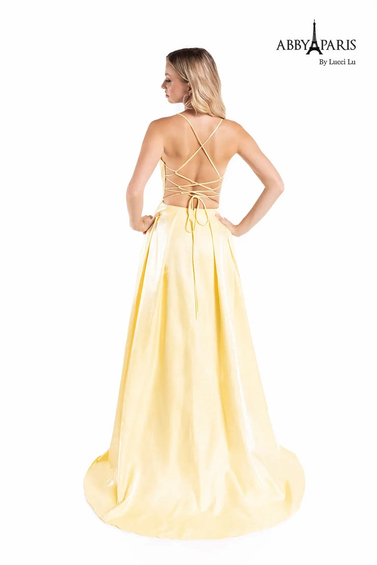 Abby Paris 90167 A-Line Pockets V-Neck Slit Lace Up Back Shimmer Satin Long  Prom dress