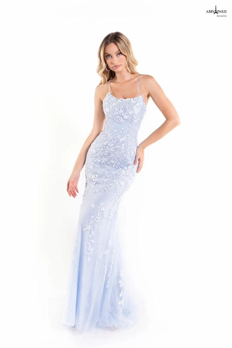The Abby Paris 90171 dress is a stunning option for your next formal event. Crafted with exquisite embroidered tulle and featuring a fit and flare silhouette, you will turn heads. The unique lace up back adds a modern touch, for a contemporary look.