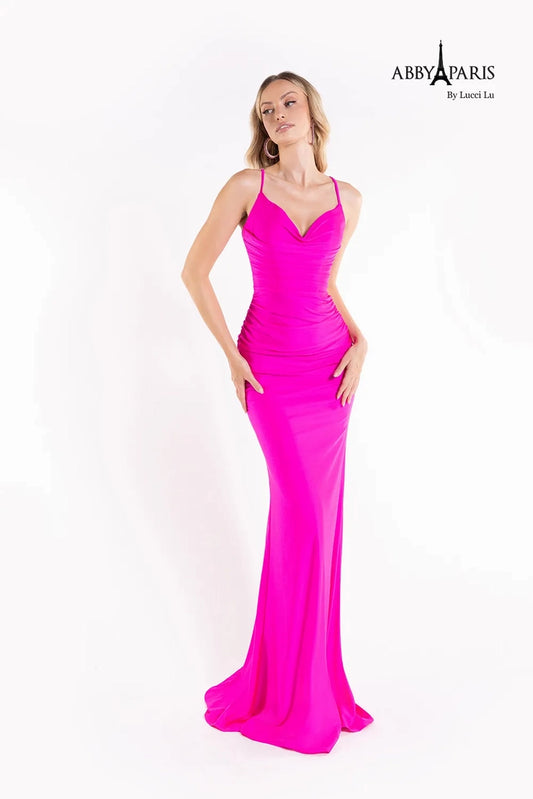 This elegant Abby Paris 90173 prom dress has an exquisite cowl neckline and a beautiful lace up back. It's constructed with a fit and flare silhouette and a long train for a dramatic look. Perfect for your special occasion.