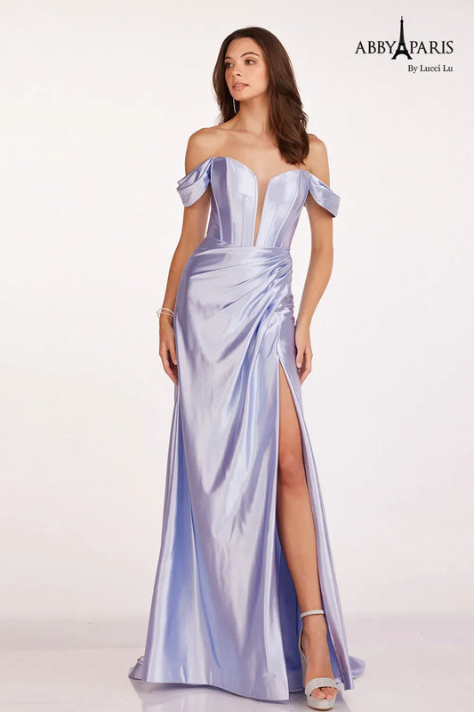 Abby Paris 90216 Size 4 Dusty Blue Satin off the shoulder Ruched slit Prom Dress Evening Gown Bridesmaid