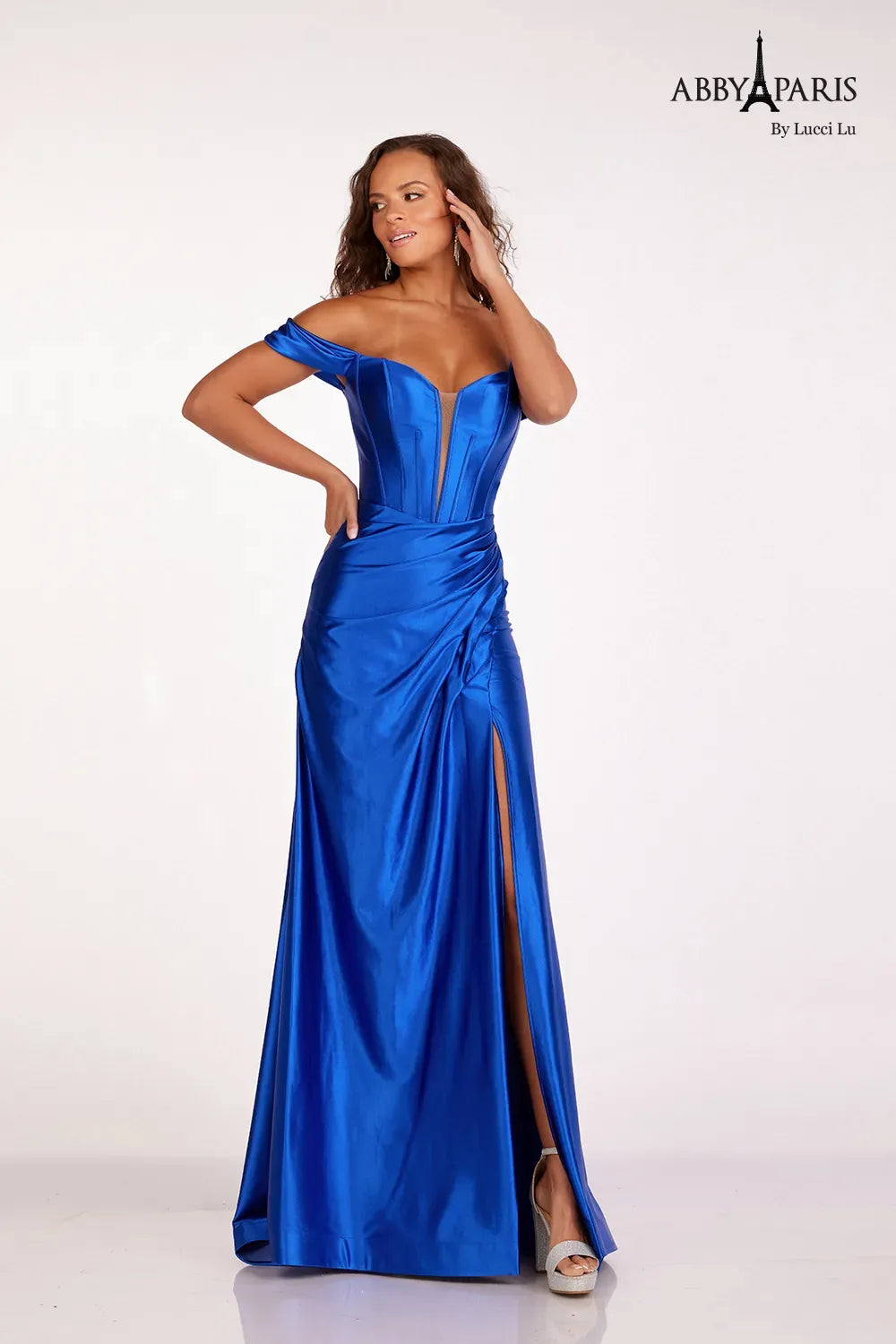 Abby Paris 90216 Size 4 Dusty Blue Satin off the shoulder Ruched slit Prom Dress Evening Gown Bridesmaid