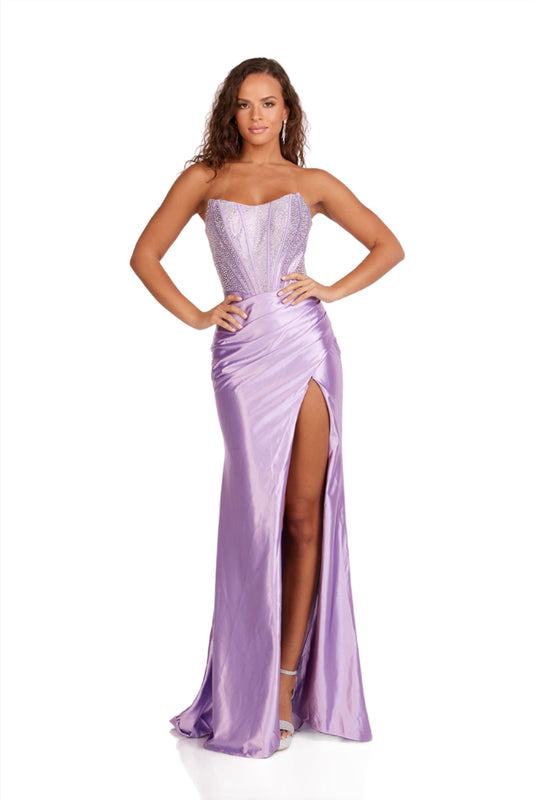 Introducing the stunning Abby Paris 90255 Crystal Corset Prom Dress. This fitted, ruched maxi dress features a gorgeous crystal corset, adding a touch of elegance and sparkle. The strapless design and side slit make it perfect for formal events. Stand out with this show-stopping gown.