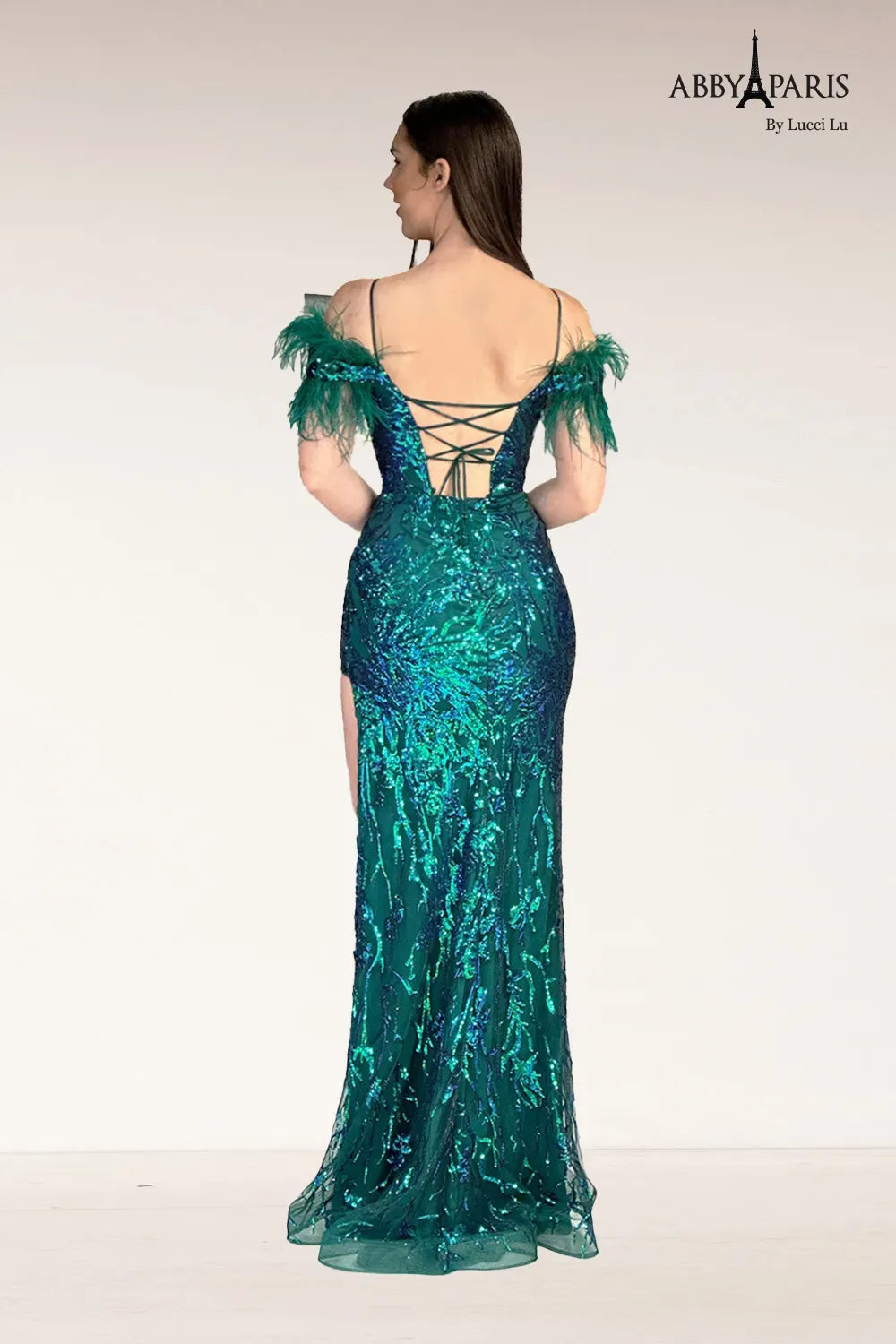 Abby Paris 90271 Size 0 Green Sequin High Slit Feather Prom Dress Corset off the Shoulder