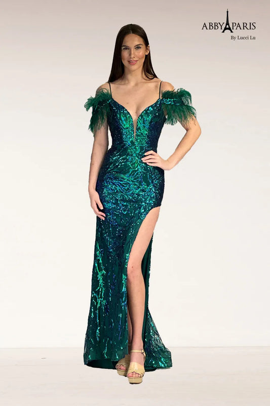 Abby Paris 90271 Size 0 Green Sequin High Slit Feather Prom Dress Corset off the Shoulder