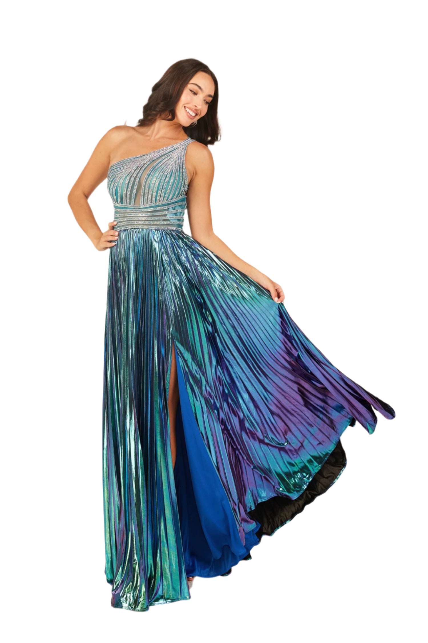 crystal pleated maxi dress One Shoulder Metallic A-line Slit Gown by Abby Paris 90289