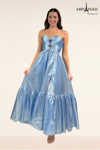 Expertly crafted in shimmering metallic fabric, the Abby Paris 90291 A Line Prom Dress is the epitome of elegance and grace. With a dramatic slit and charming bow detail at the V-neckline, this formal gown is perfect for any special occasion. Turn heads and make a statement in this stunning design.

Sizes: 0-14

Colors: Fuchsia, Tie Dye