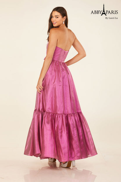 Abby Paris 90291 Metallic Shimmer A Line Prom Dress Slit Bow V Neck Formal Gown