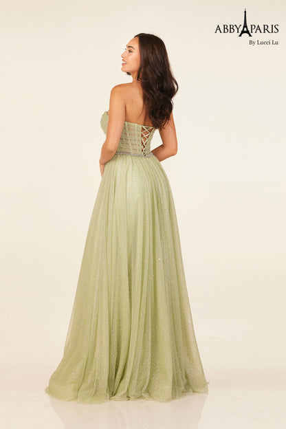 Abby Paris 90324 Size 6 Sage Crystal Tulle A Line Sheer Corset Prom Dress Formal Evening Gown Strapless