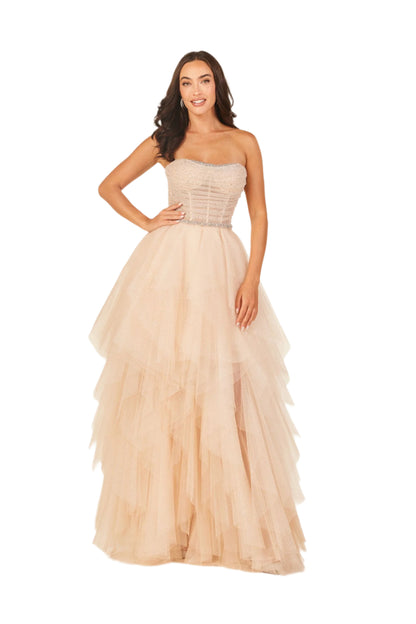 This Abby Paris dress features a sheer corset bodice, glitter tulle overlay, and layered A-line skirt for a glamorous prom or formal look. Its corset design accentuates the waist and the tulle adds volume to the skirt. Stand out and feel confident in this stunning gown.

Sizes: 0-18

Colors: Champagne, Lilac