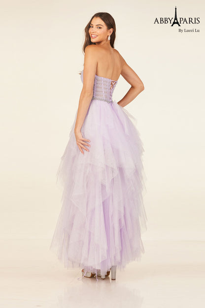 Abby Paris 90325 Size 0 Lilac A Line Sheer Corset Glitter Tulle Prom Dress Layered Skirt Formal Gown