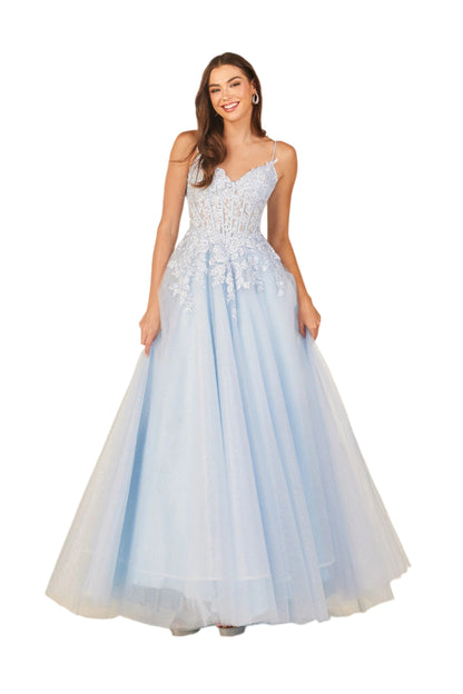 The Abby Paris 90327 prom dress is designed to make a statement. Its sheer lace corset, shimmer fabric, and A-line silhouette create a dramatic and elegant look. The V-neckline adds a touch of femininity. This gown is perfect for any formal occasion, guaranteed to make you stand out.

Sizes: 0-18

Colors: Blue, Lavender