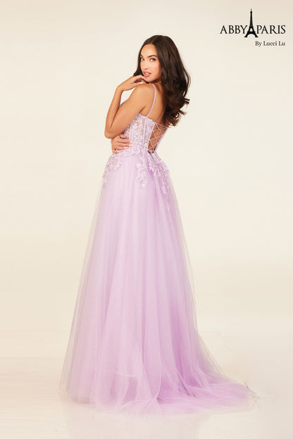 Abby Paris 90327 Sheer Lace Corset A Line Prom Dress Shimmer V Neck Formal Gown