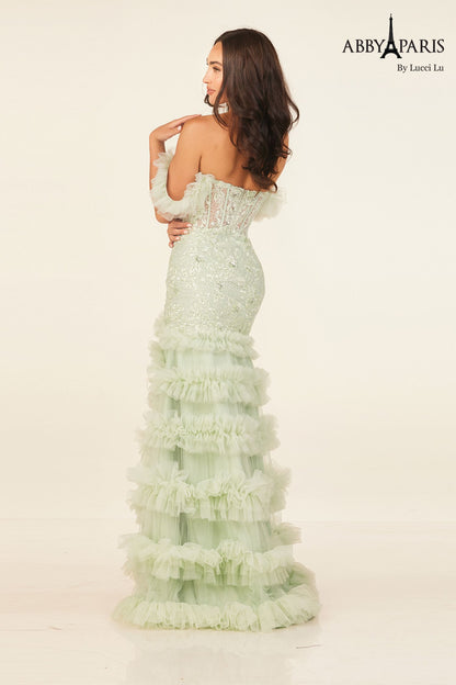 Abby Paris 90329 Sequin Lace Sheer Corset Fit & Flare Prom Dress Ruffle Slit off the Shoulder Gown