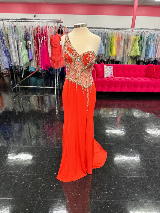 Jovani 91220 Long asymmetrical fitted formal prom &amp; Pageant dress. Fully embellished bodice with a one shoulder neckline. embellishments cascading down to the slit in skirt and a sweeping train.&nbsp;

Available Color: Coral (Bright)

Available Size: 10