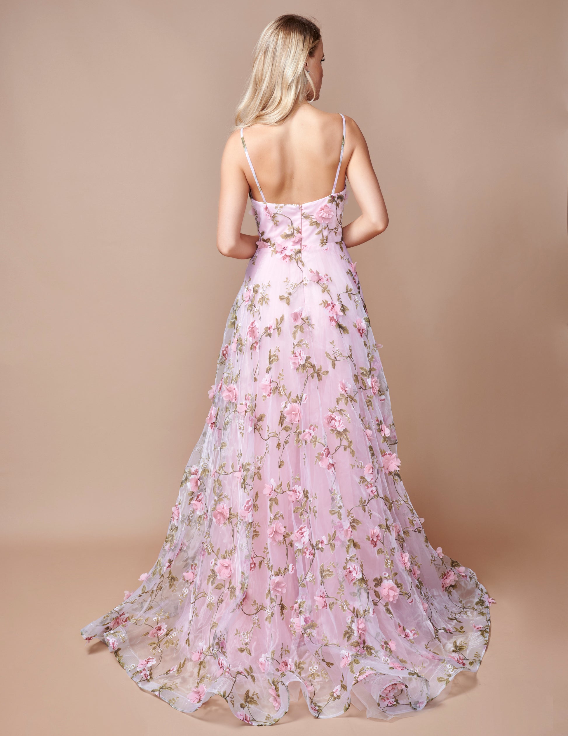 Nina Canacci 9150 A Line Floral Maxi Slit Prom Dress 3D Formal Gown Print V Neck Evening 12 / Baby Blue