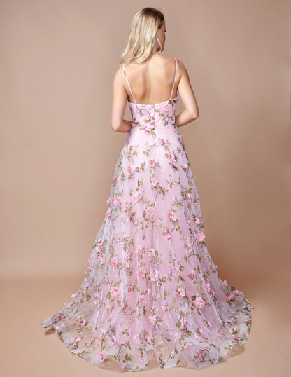 Expertly designed for a sophisticated look, the Nina Canacci 9150 Maxi Dress is the perfect choice for prom or any formal event. This stunning A-line gown features a floral print, 3D detailing, and a V-neckline that will flatter any figure. With a dramatic slit, you'll make a statement as you dance the night away.