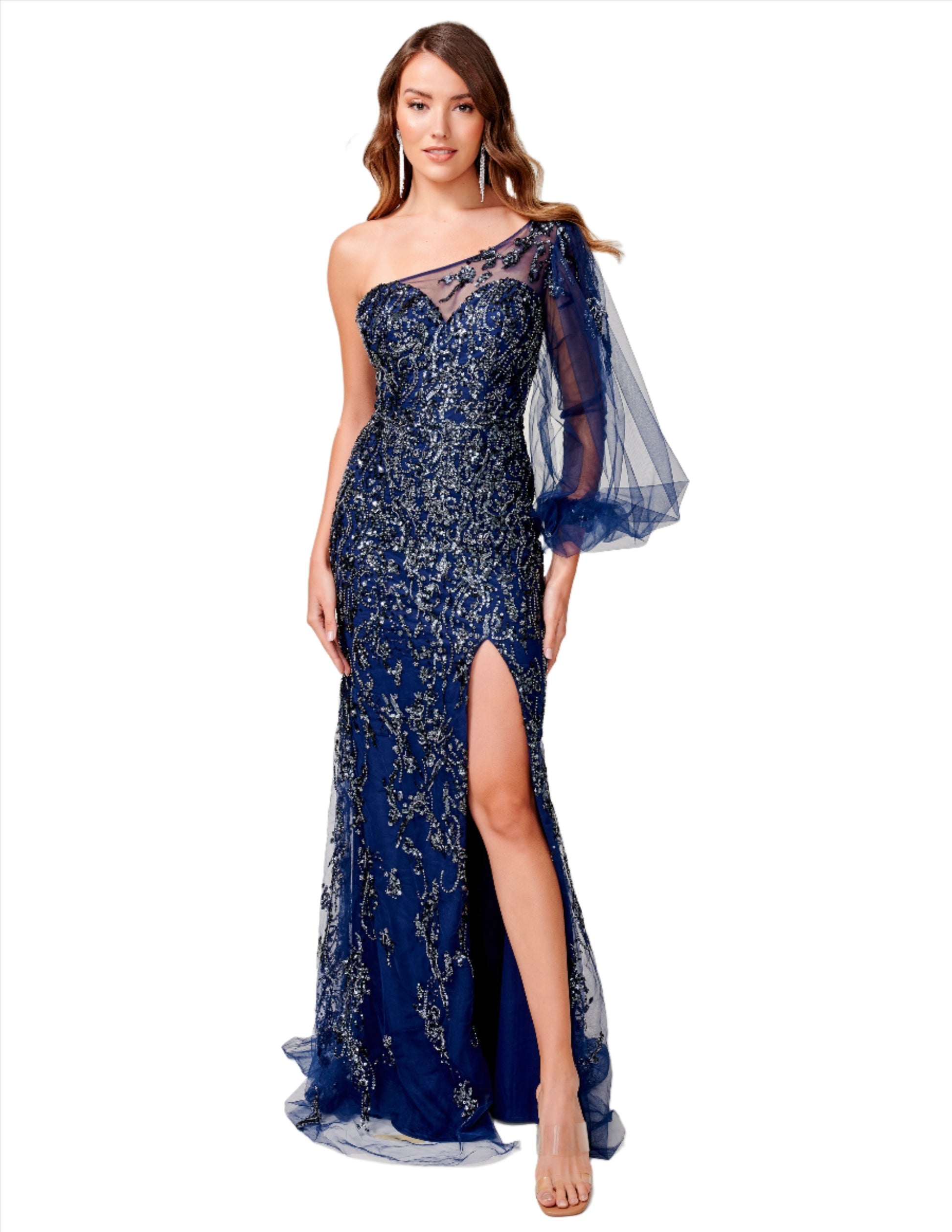 Nina Canacci 9159 Beaded Long Evening Slit Prom Dress - Navy/Silver / 2 Nina Canacci 9159 Beaded Long Evening Slit Prom Dress - Navy/Silver / 2