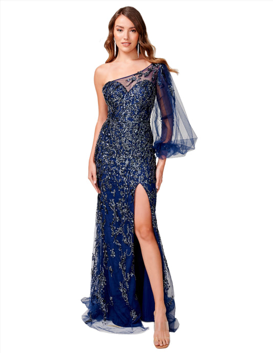 Elevate your evening style with this stunning Nina Canacci 9159 Navy Beaded Evening Gown. Featuring a flattering one shoulder neckline and elegant long sleeve, this formal gown is adorned with intricate beadwork for a touch of glamour. The side slit adds a touch of allure to this timeless and sophisticated piece. Perfect for any special occasion, this gown is sure to make a statement. Moth of Gown