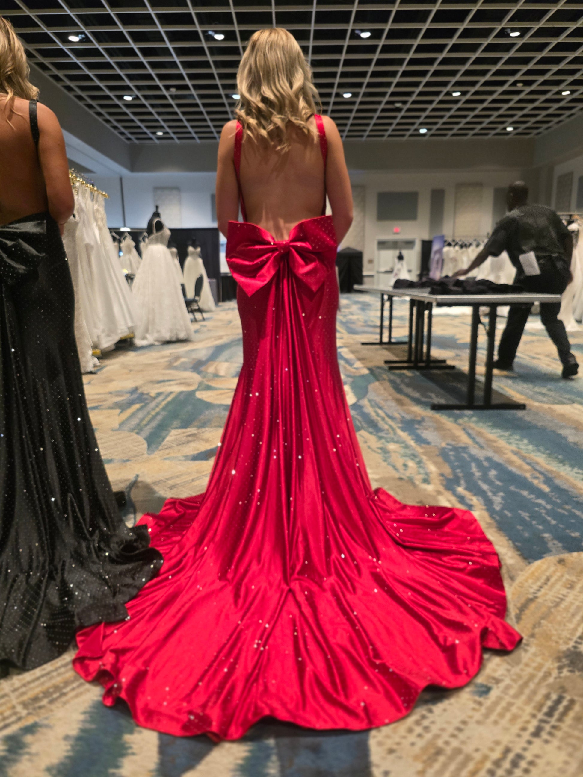 Nina Canacci 9212 Crystal Jersey Prom Dress Backless Bow Overskirt Gown Formal 8 / Red Nina Canacci 9212 Crystal Jersey Prom Dress Backless Bow Overskirt Gown Formal 8 / Red