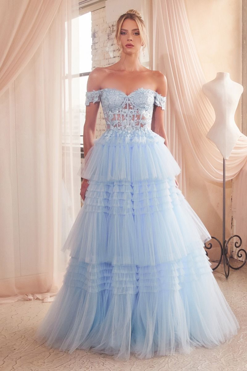 Ladivine 9315 Long Layered Tulle Ballgown Sheer Lace Corset Prom Dress off the shoulder 8 / Light Blue Ladivine 9315 Long Layered Tulle Ballgown Sheer Lace Corset Prom Dress off the shoulder 8 / Light Blue